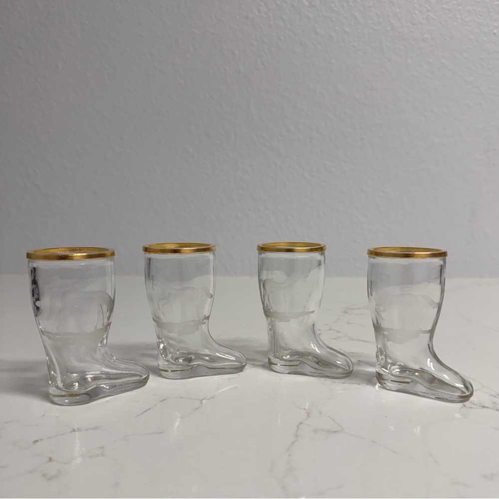 SOLDSet of Four Boot-Shaped Shot Glasses with Gold Rim & Etched Horse Scenes
